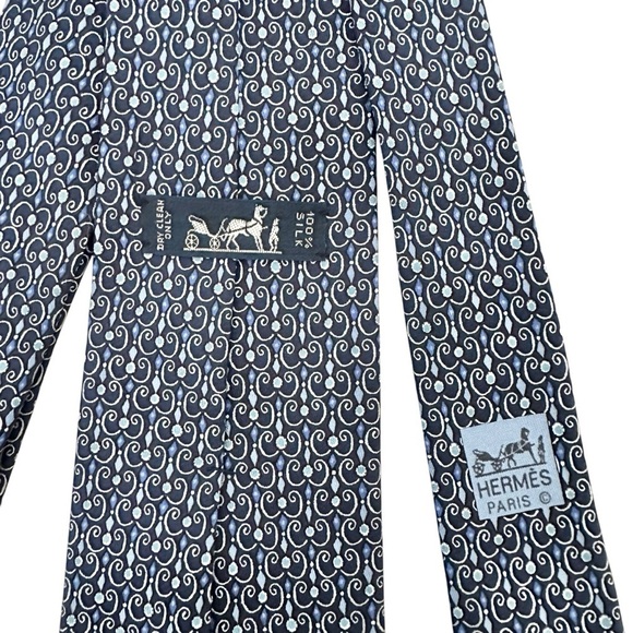 Authentic HERMES 100% Silk Blue & White Swirl Design Men’s Neck Tie - Picture 4 of 8
